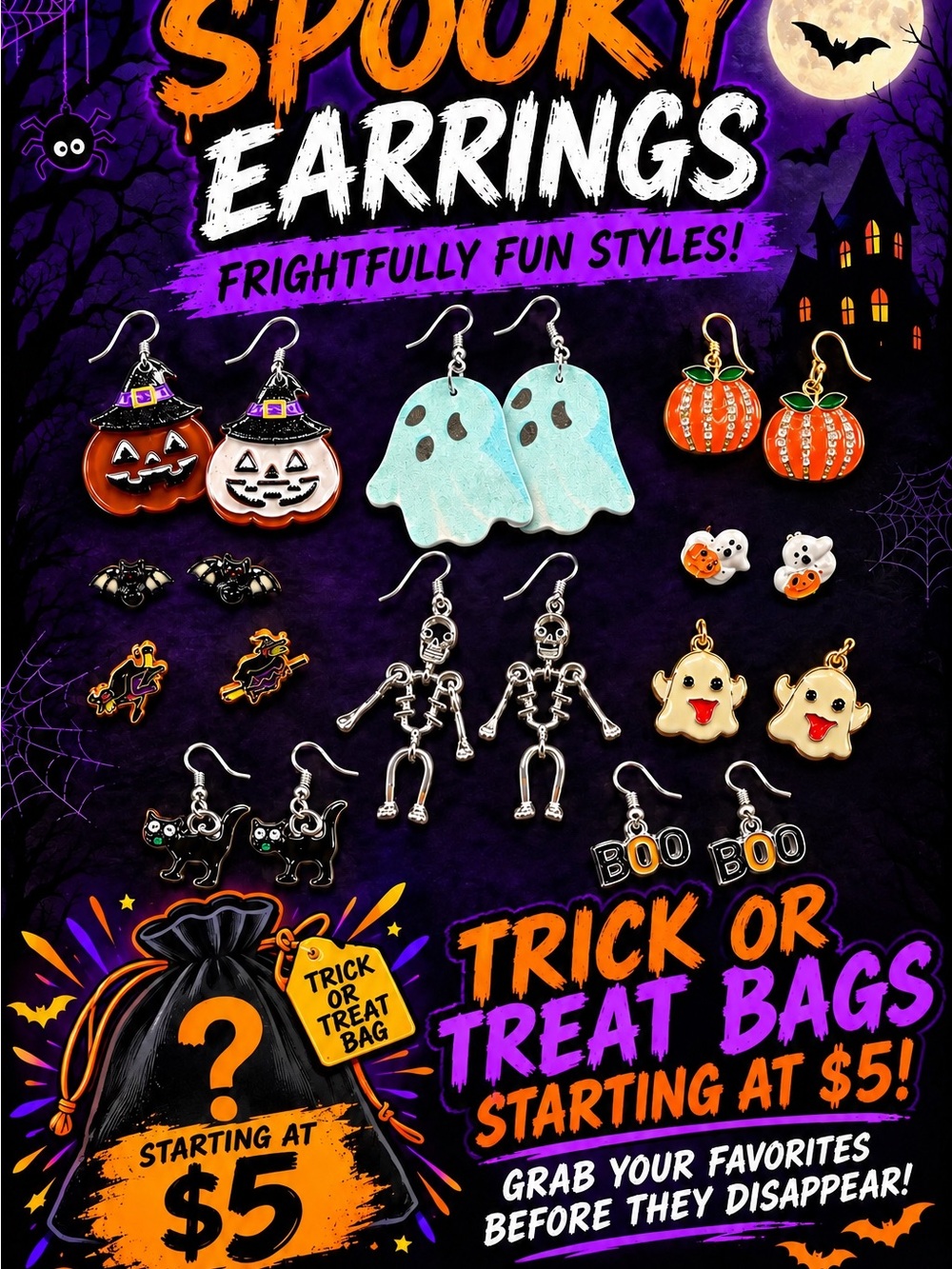 Women’s and Kids Halloween themed earrings mystery bags!